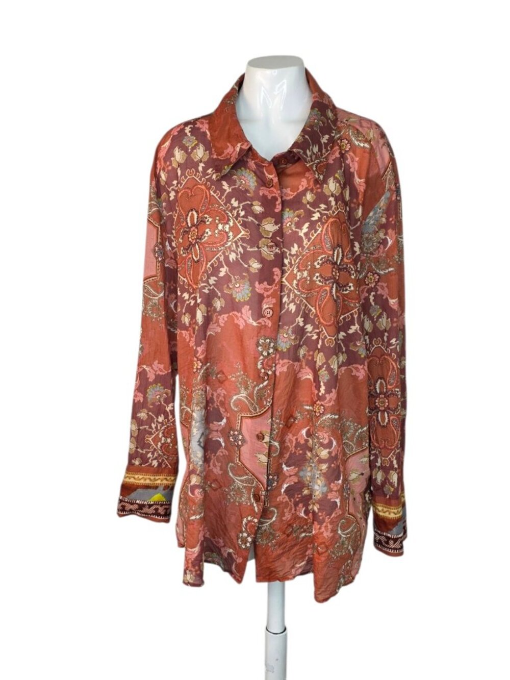 H&M Long Sleeve Button Up 100% Cotton Lightweight Top, Size XL, Collared, Sheer